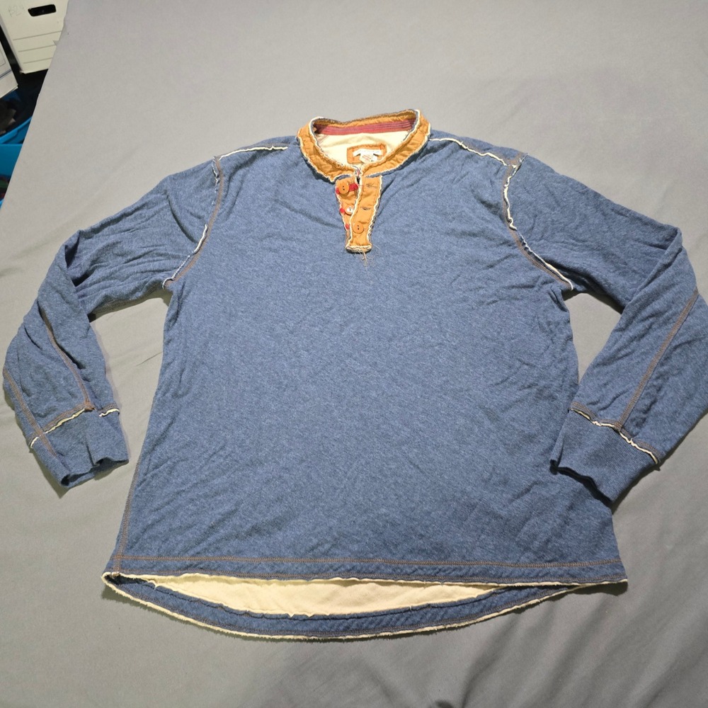 Carbon2Cobalt Henley Shirt Mens Large Blue Long Sleeve Raw Edge Cotton